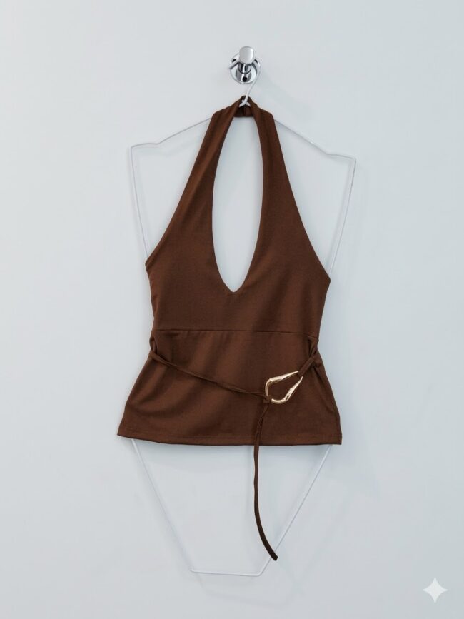 T6649 Top micro escote v hebilla